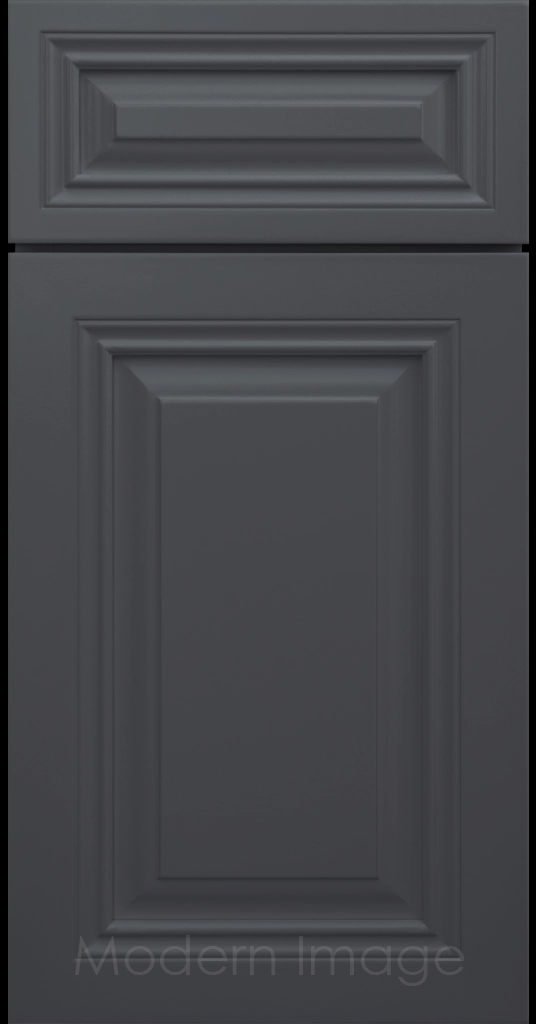 Sea matte Cambridge cabinet door with a mitered frame and raised center panel.